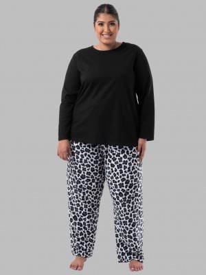 Black/Cheetah Print Fruit Of The Loom Plus Fit for Me®Fleece Bottom Women's Top & Bottom | GLJ296481