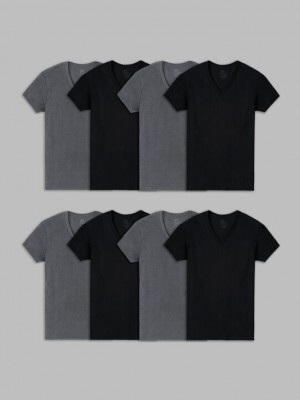 Black/Gray Fruit Of The Loom Short Sleeve Active Cotton V-neck, 8 Pack Men's T Shirts | ZRT098637