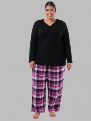 Black/ Fruit Of The Loom Plus Flannel Bottom, 2 Piece Set Women's Pajamas | EDW956210