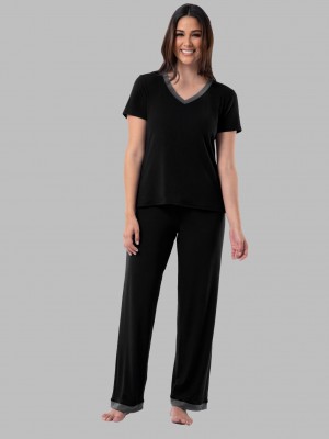 Black Soot Fruit Of The Loom Soft Breathable V-Neck Pant, 2-Piece Set Women's Pajamas | IKR095682