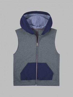 Charcoal/Navy Fruit Of The Loom Fleece Full Zip Sleeveless Vest Boys' Vest | AHS018953