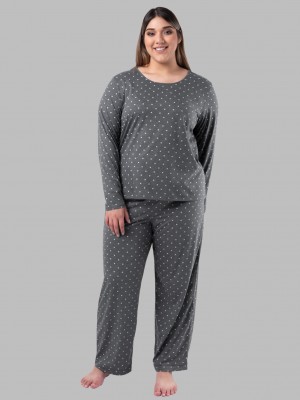 Charcoal Pin Dot Fruit Of The Loom Plus Fit for Me® Soft Breathable Crew Neck Long Sleeve Shirt Pant, 2 Piece Set Women's Pajamas | BFH406731