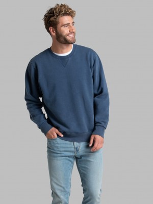 Dark Tide Fruit Of The Loom Garment Dyed Crew Men's Sweatshirt | USN492063