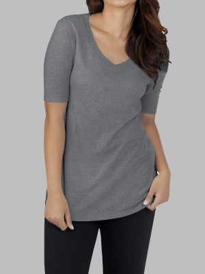 Elbow Length Oxford Fruit Of The Loom Essentials Elbow Length V-Neck Women's T Shirts | ICT523784