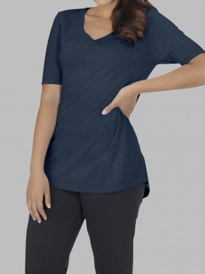 Elbow Length T Blue Fruit Of The Loom Essentials Elbow Length V-Neck Women's T Shirts | YHK592147