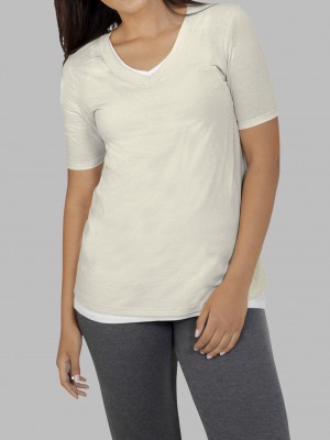 Elbow Length White Fleck Fruit Of The Loom Essentials Elbow Length V-Neck Women's T Shirts | NIZ142365