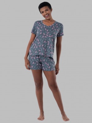 Floral Print Fruit Of The Loom Soft Breathable V-Neck Short, 2-Piece Set Women's Pajamas | EKA504821