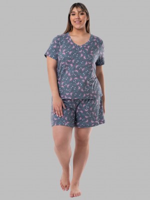 Floral Print Fruit Of The Loom Soft Breathable V-Neck Short, 2-Piece Set Women's Pajamas | EAM026145