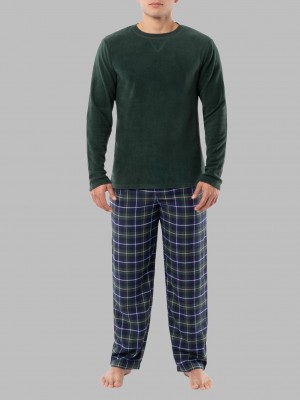 Green Fruit Of The Loom Long Sleeve Fleece Crew Flannel, 2 Piece Set Men's Sleepwear | STW901325