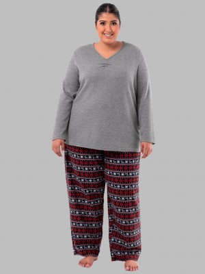 Grey/Fair Isle Black Fruit Of The Loom Plus Flannel Bottom, 2 Piece Set Women's Pajamas | HKD068431