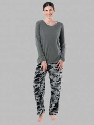 Grey /Black Camo Fruit Of The Loom Fleece Bottom, 2 Piece Set Women's Sleepwear | VYR673495