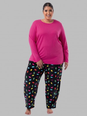 Hot Pink/Chrimas Lights Fruit Of The Loom Plus Fit for Me®Fleece Bottom Women's Top & Bottom | SZE382095