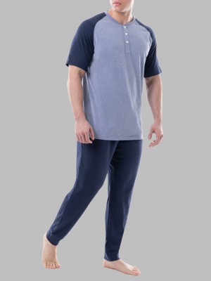 Indigo /Navy Fruit Of The Loom Jersey Short Sleeve Henley Jogger Pant, 2 Piece Set Men's Tops & Sweatpants | MXN549820