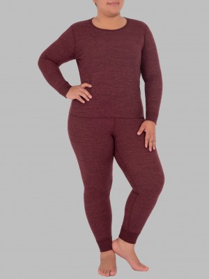 Merlot Injection Heather Fruit Of The Loom Plus Size Waffle Thermal Crew Set Women's Top & Bottom | GDW460735