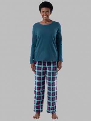 Midnight Blue/Tartan Fruit Of The Loom Fleece Bottom, 2 Piece Set Women's Sleepwear | XSC583169