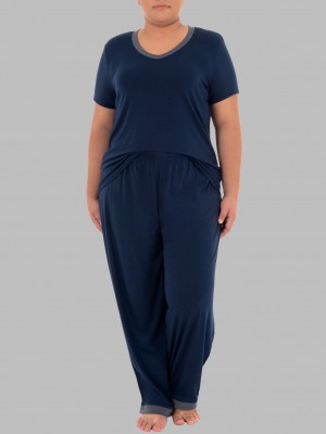 Midnight Blue Fruit Of The Loom Plus Fit for Me® Soft Breathable V-Neck, 2 Piece Set Women's Pajamas | XNG843716