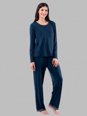 Midnight Blue Fruit Of The Loom Soft Breathable Crew Neck Long Sleeve Shirt Pant, 2-Piece Set Women's Pajamas | HYI468105