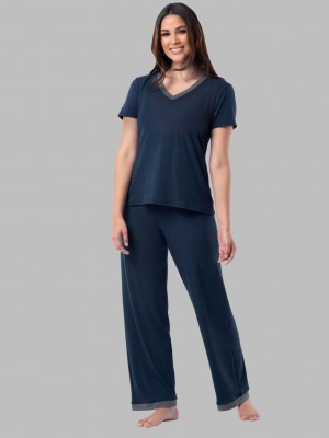 Midnight Blue Fruit Of The Loom Soft Breathable V-Neck Pant, 2-Piece Set Women's Pajamas | YMB780123