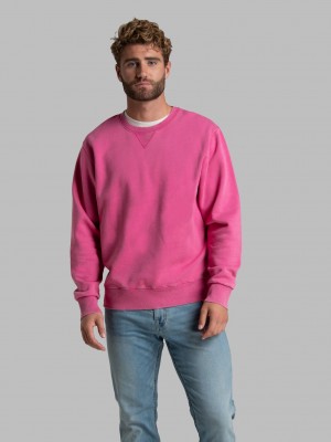 Pink Flash Fruit Of The Loom Garment Dyed Crew Men's Sweatshirt | AER854012