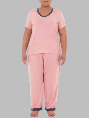 Pink Fruit Of The Loom Plus Fit for Me® Soft Breathable V-Neck, 2 Piece Set Women's Pajamas | XYS509726