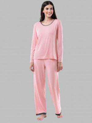 Pink Fruit Of The Loom Soft Breathable Crew Neck Long Sleeve Shirt Pant, 2-Piece Set Women's Pajamas | VZF870152