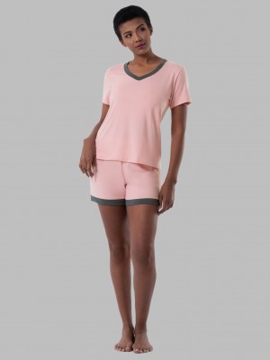 Pink Fruit Of The Loom Soft Breathable V-Neck Short, 2-Piece Set Women's Pajamas | XTH921306