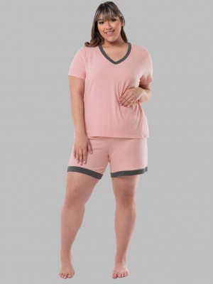 Pink Fruit Of The Loom Soft Breathable V-Neck Short, 2-Piece Set Women's Pajamas | KXD715296