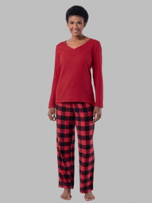 Radiant Red/Buffalo Check Fruit Of The Loom Flannel Bottom, 2 Piece Set Women's Sleepwear | GIF290583