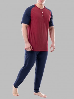 Red/Navy Fruit Of The Loom Jersey Short Sleeve Henley Jogger Pant, 2 Piece Set Men's Tops & Sweatpants | CFY320719