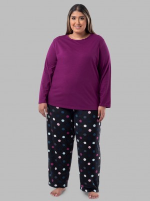 Royal Berry/Multi Dots Print Fruit Of The Loom Plus Fit for Me®Fleece Bottom Women's Top & Bottom | PBO235786