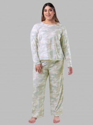 Warm Grey Camo Fruit Of The Loom Plus Fit for Me® Soft Breathable Crew Neck Long Sleeve Shirt Pant, 2 Piece Set Women's Pajamas | IRG761304