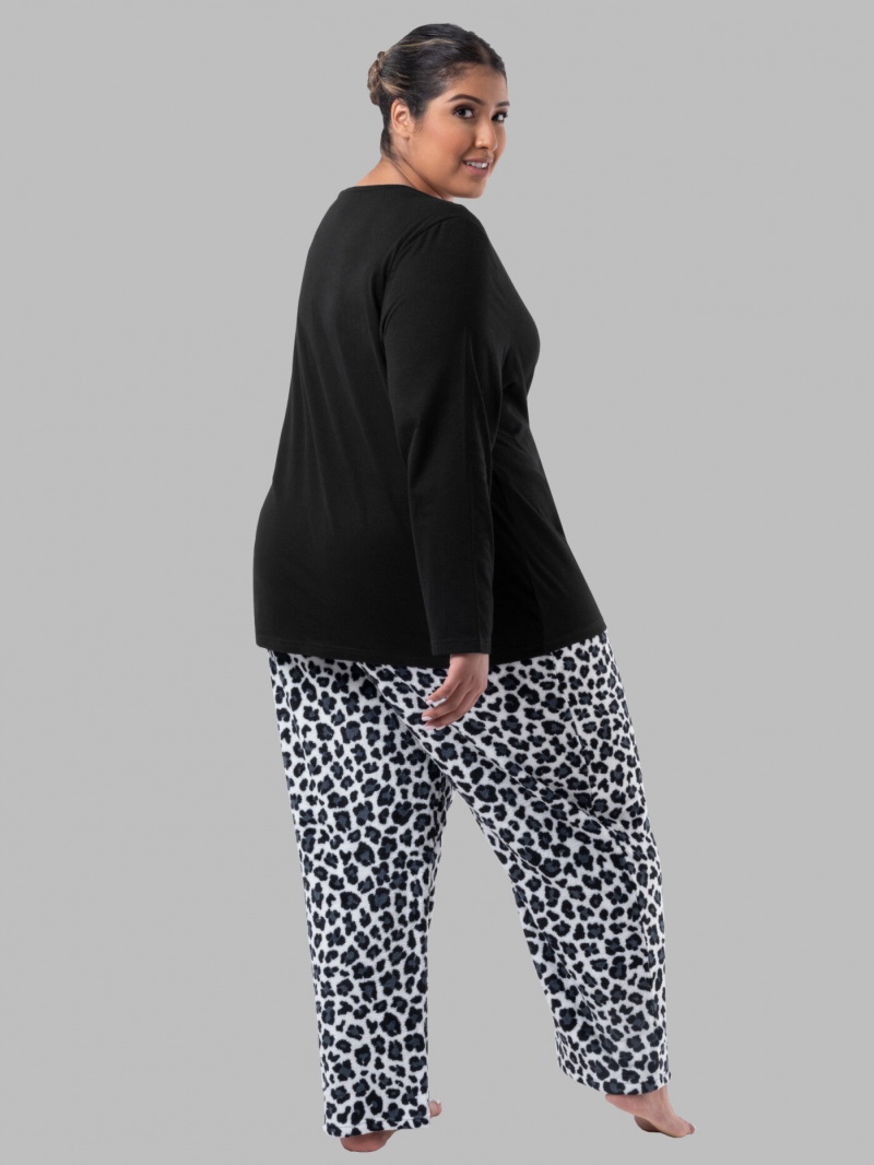 Black/Cheetah Print Fruit Of The Loom Plus Fit for Me®Fleece Bottom Women's Top & Bottom | GLJ296481