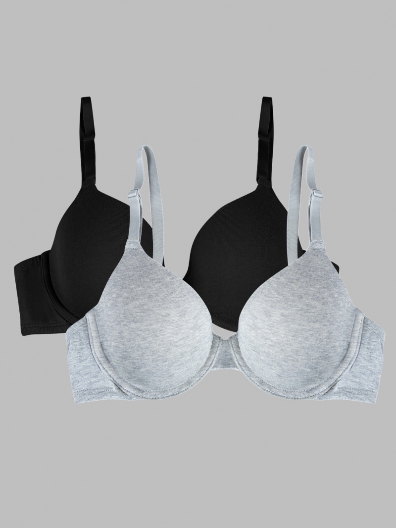 Black/Grey Fruit Of The Loom T-Shirt Bra, 2 Pack Women\'s Underwire Bra | UWK416753