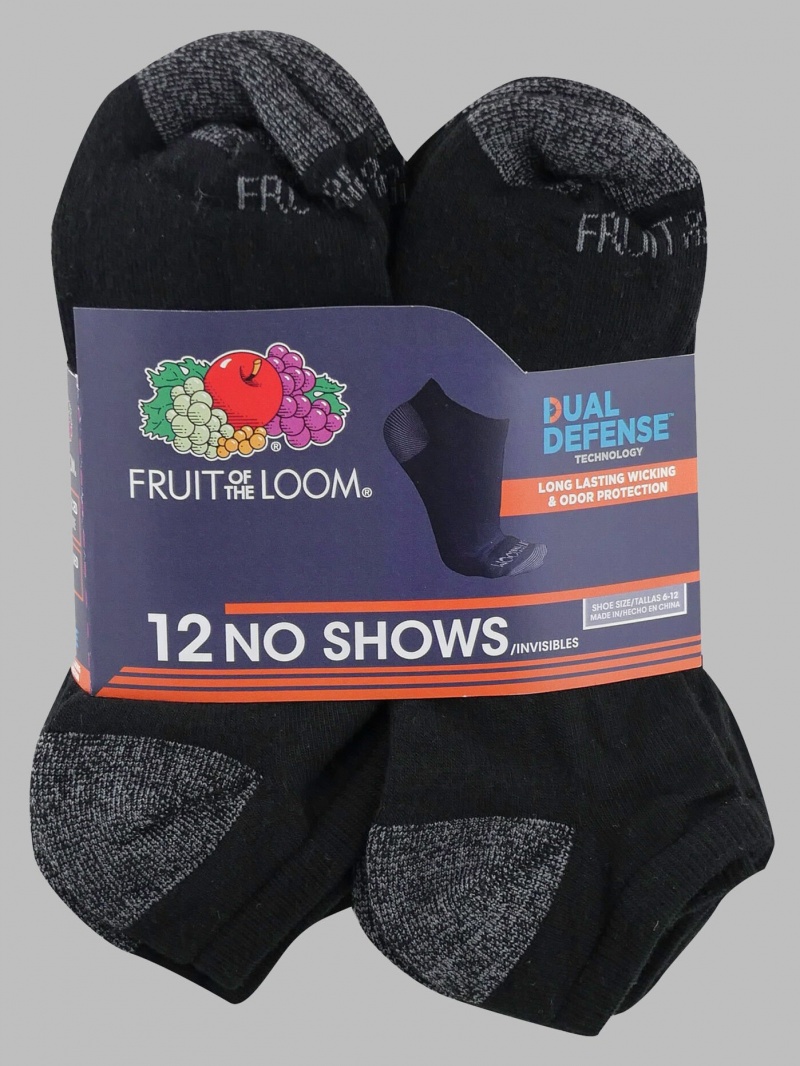 Black Fruit Of The Loom Dual Defense® No Show, 12 Pack Men's Socks | FWT814329