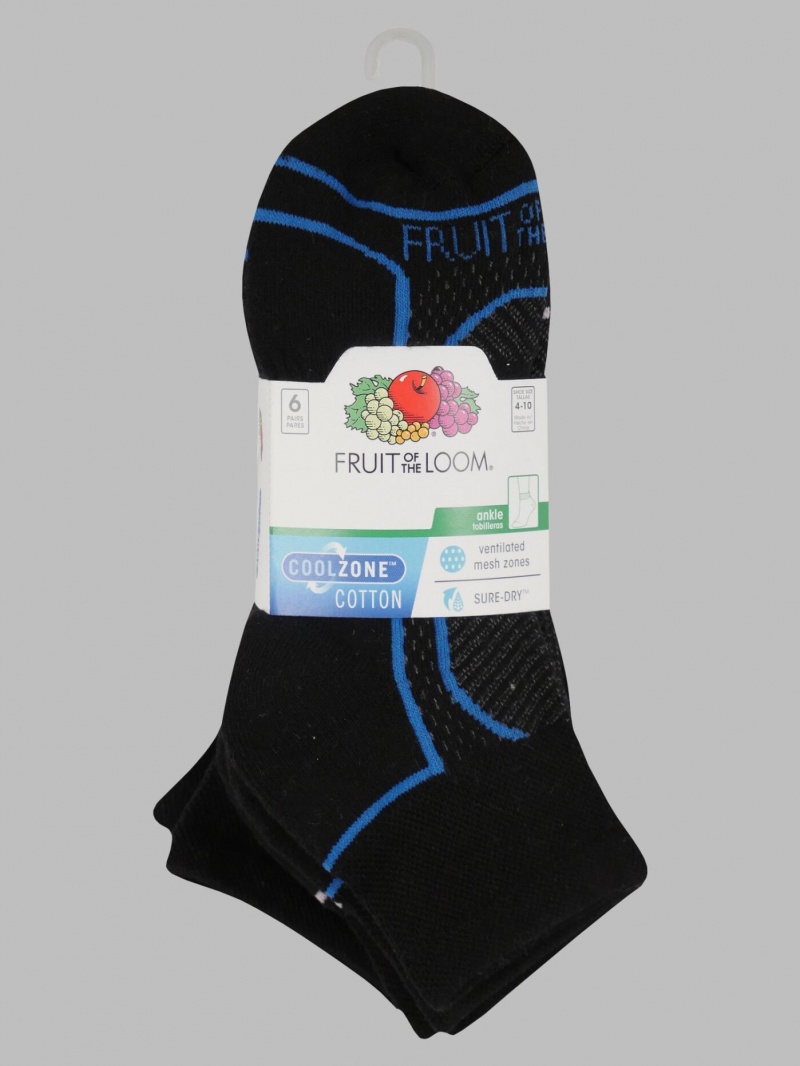 Black Multi Fruit Of The Loom Coolzone Ankle, 6 Pack Women's Socks | FAX608359