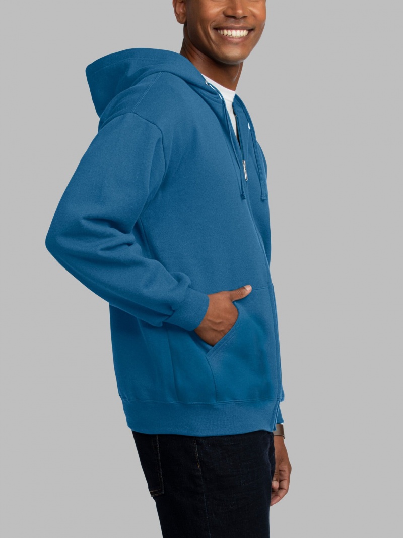 Blue Fruit Of The Loom EverSoft® Fleece Full Zip Men's Hoodie | YSP916735