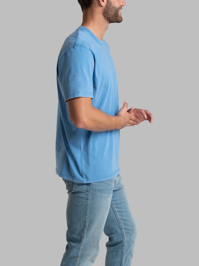 Blue Fruit Of The Loom Garment Dyed Crew Men's T Shirts | MKY184035