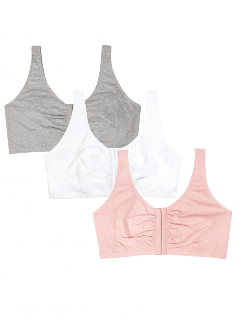 Blushing Rose/Grey Heather/White Fruit Of The Loom Beyond Soft Front Closure Cotton Bra, 3-Pack Women's Sports Bra | OYL135648