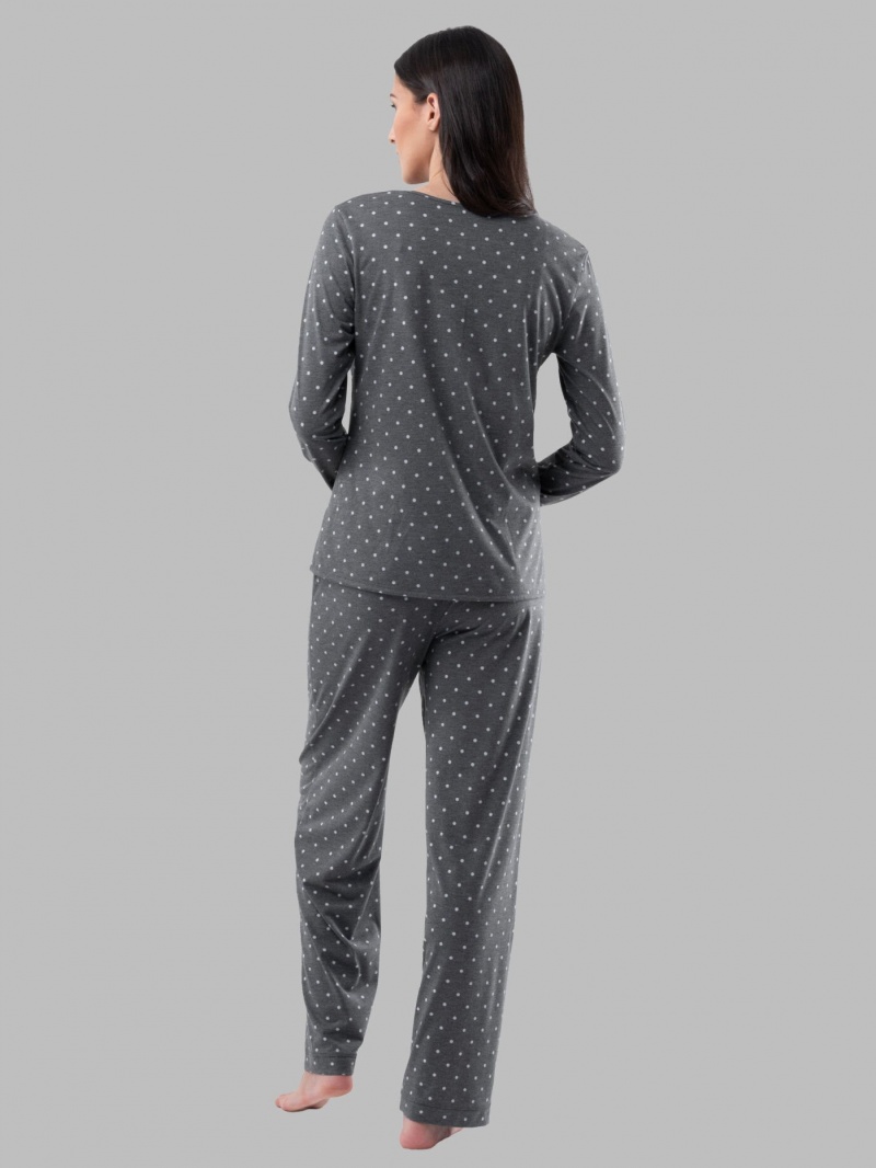 Charcoal Pin Dot Fruit Of The Loom Soft Breathable Crew Neck Long Sleeve Shirt Pant, 2-Piece Set Women's Pajamas | APJ728931