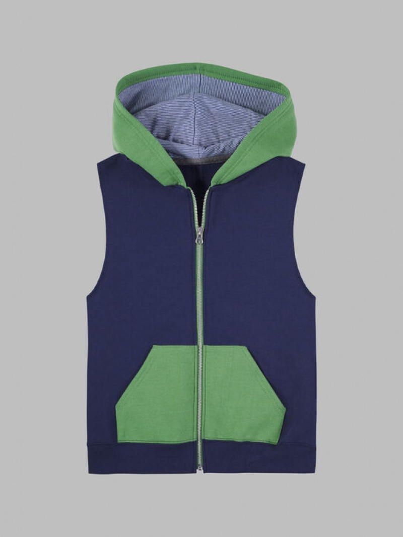 Green/Navy Fruit Of The Loom Fleece Full Zip Sleeveless Vest Boys\' Vest | GRM807942