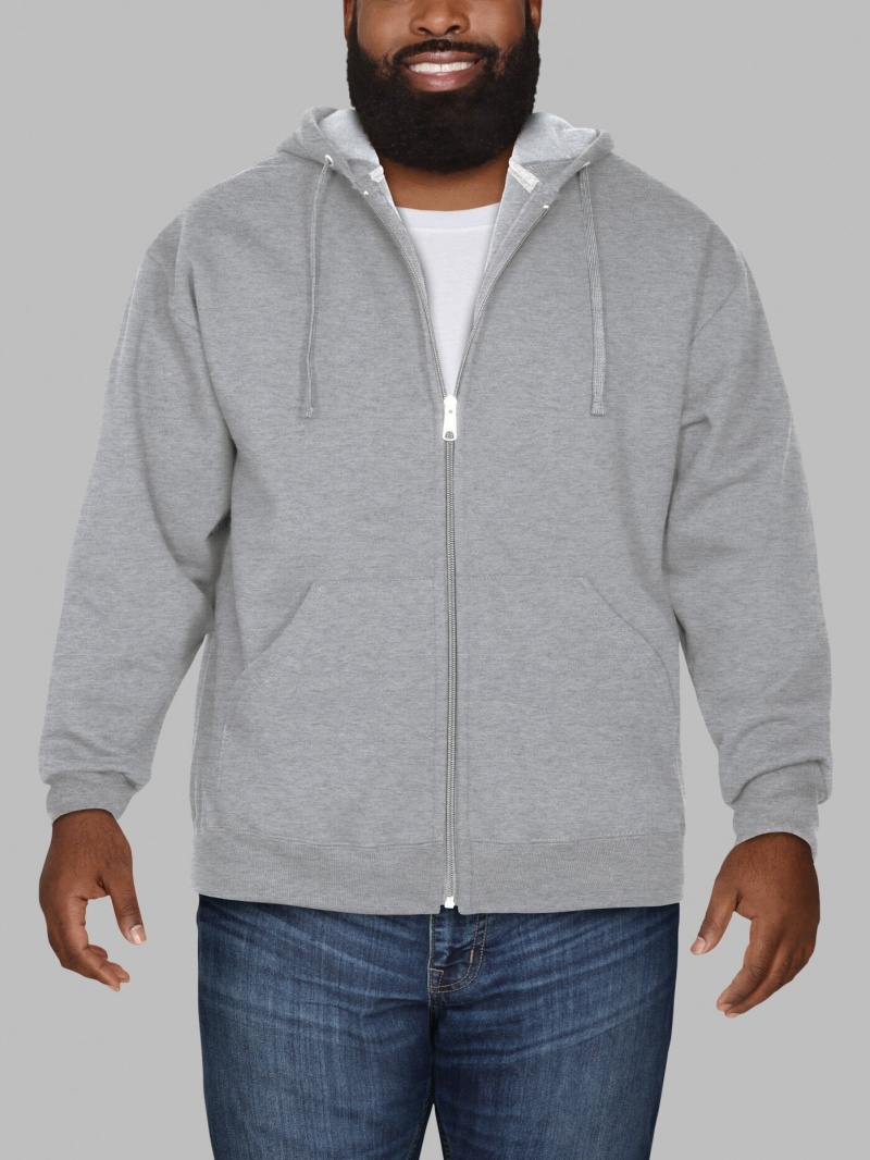 Grey Fruit Of The Loom Big Eversoft® Fleece Full Zip Men's Hoodie | EJI234057