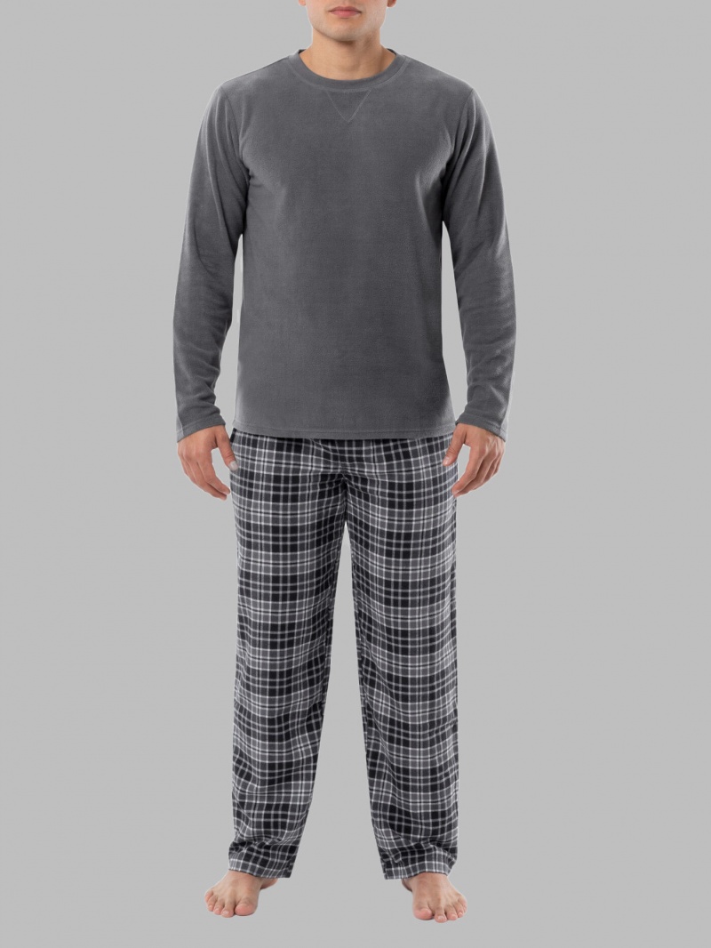 Grey Fruit Of The Loom Long Sleeve Fleece Crew Flannel, 2 Piece Set Men\'s Sleepwear | YWT093462