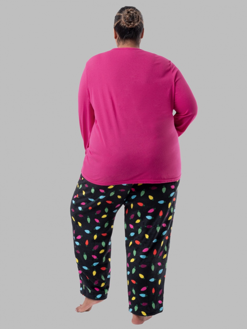 Hot Pink/Chrimas Lights Fruit Of The Loom Plus Fit for Me®Fleece Bottom Women's Top & Bottom | SZE382095