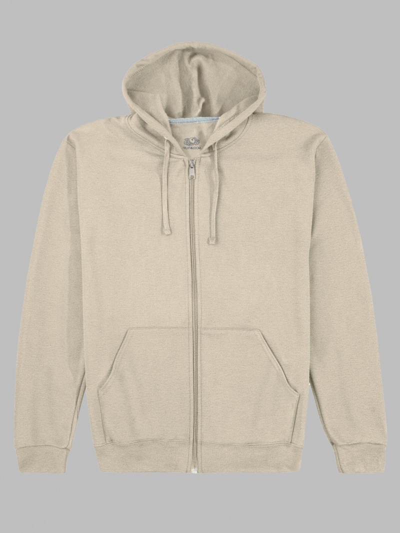 Khaki Fruit Of The Loom EverSoft® Fleece Full Zip Men's Hoodie | JAX417208