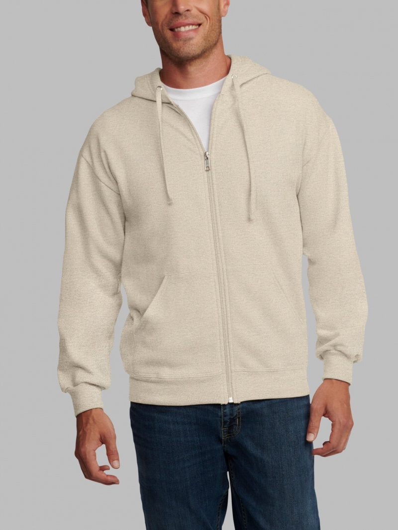 Khaki Fruit Of The Loom EverSoft® Fleece Full Zip Men's Hoodie | JAX417208