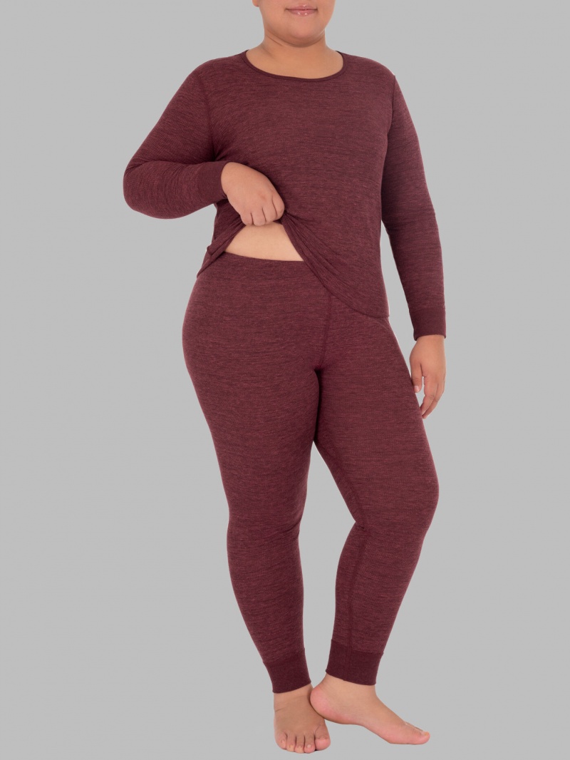 Merlot Injection Heather Fruit Of The Loom Plus Size Waffle Thermal Crew Set Women's Top & Bottom | GDW460735