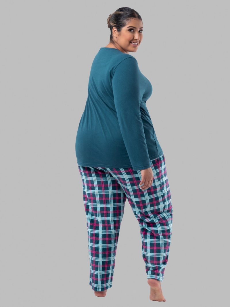 Midnight Blue/Tartan Fruit Of The Loom Plus Fit for Me®Fleece Bottom Women's Top & Bottom | QBE870362