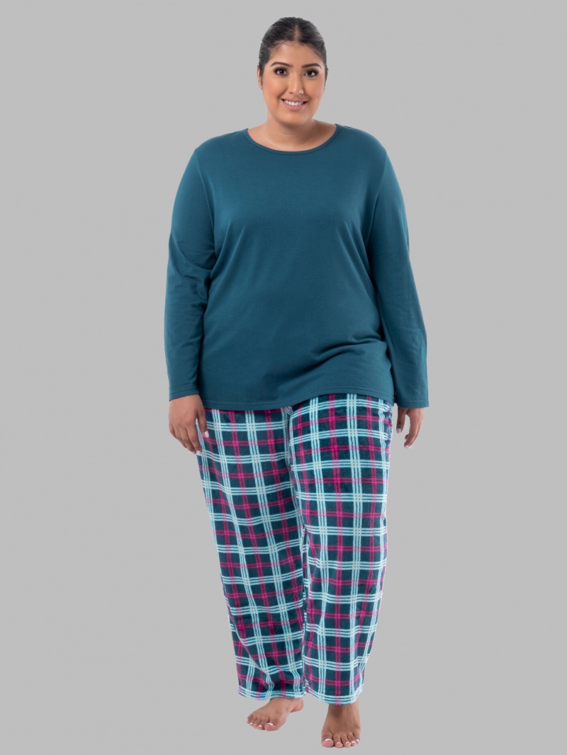 Midnight Blue/Tartan Fruit Of The Loom Plus Fit for Me®Fleece Bottom Women\'s Top & Bottom | QBE870362