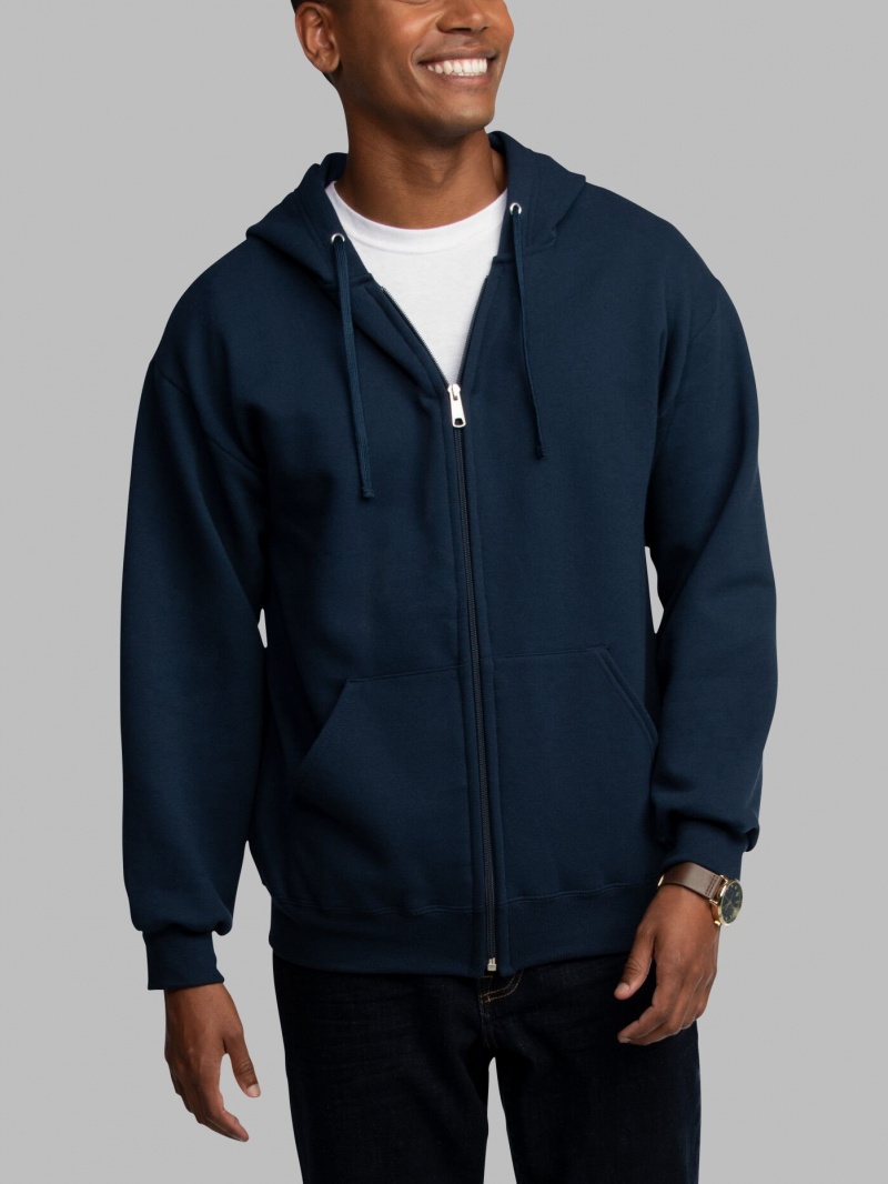 Navy Fruit Of The Loom EverSoft® Fleece Full Zip Men's Hoodie | GXZ925413