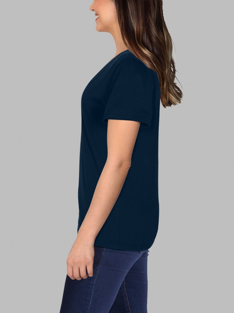 Navy Nights Fruit Of The Loom Crafted Comfort Artisan Tee™ V-Neck Women's T Shirts | ZGI472935